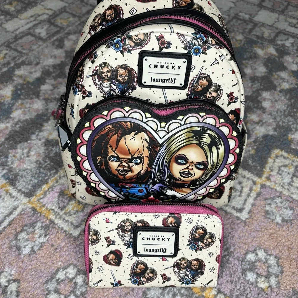 Loungefly Mini Backpack Wallet Set Chucky Bride  Tiffany Tattoo Design Heart